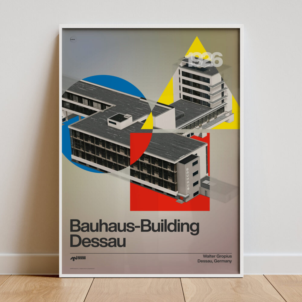 Poster of the Bauhaus-Building Dessau with geometric overlays in red, blue, and yellow.