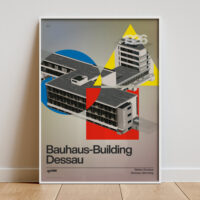 Poster of the Bauhaus-Building Dessau with geometric overlays in red, blue, and yellow.