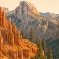 Close-up of sandstone hoodoos glowing in orange and red hues