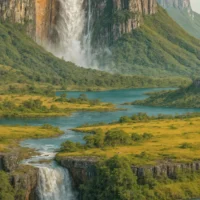 Zoom on tiered waterfalls flowing into turquoise pools