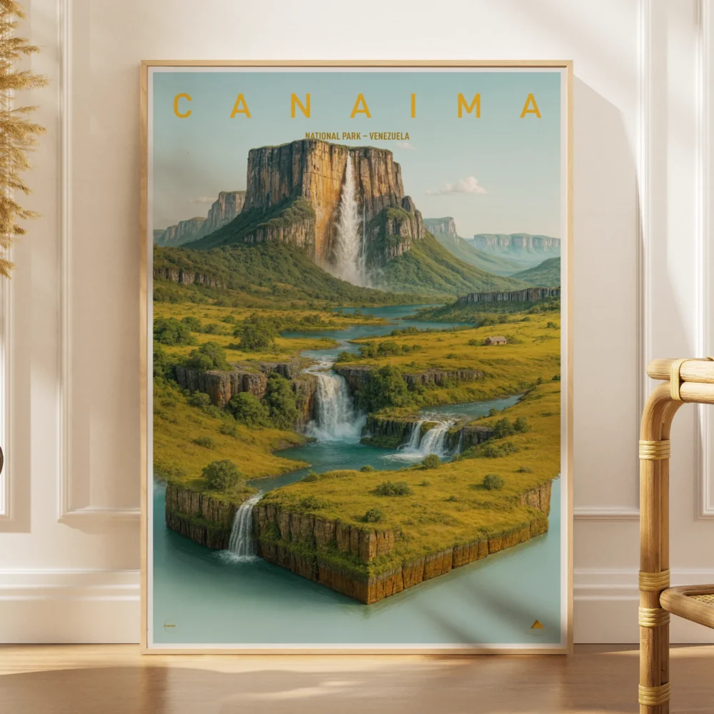 Explorer poster of Canaima National Park in Venezuela as a 3D tepui and waterfall miniature