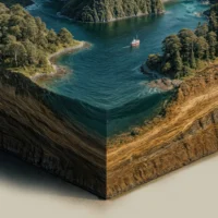 Close-up of forested coastline and tiny boat navigating the inlet