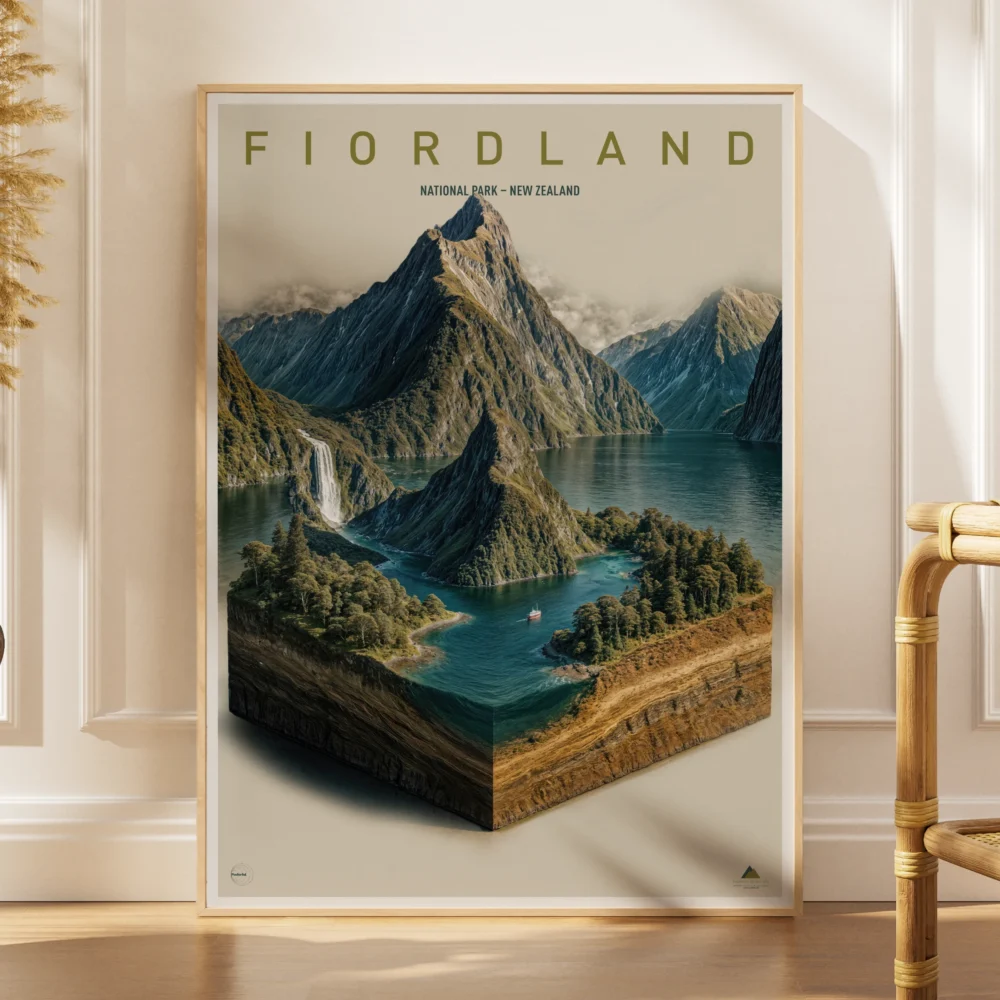 Explorer poster of Fiordland National Park in New Zealand as a 3D miniature with dramatic fjords