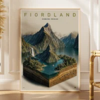 Explorer poster of Fiordland National Park in New Zealand as a 3D miniature with dramatic fjords