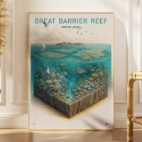Explorer poster of the Great Barrier Reef as a 3D underwater diorama with coral and sea life