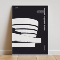 Minimal dark version poster of the Solomon R. Guggenheim Museum with teal circular backdrop.