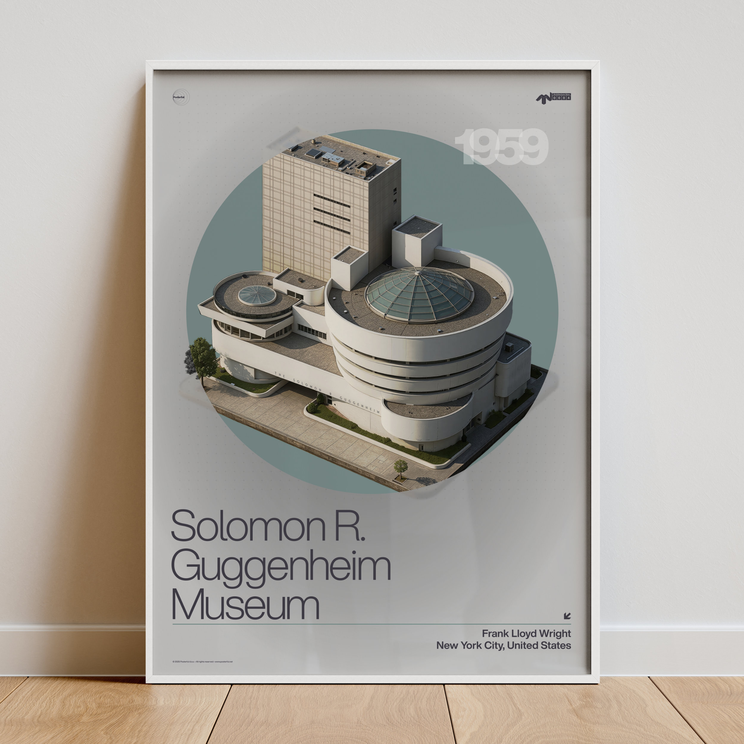 Poster of the Solomon R. Guggenheim Museum with its spiral form and glass dome.