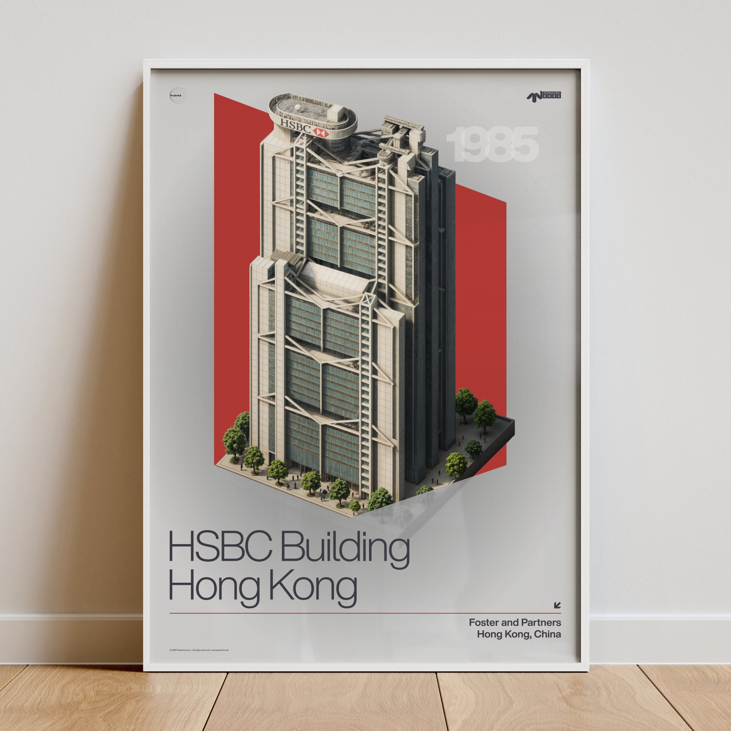 Poster of HSBC Building Hong Kong with a bold red geometric backdrop.