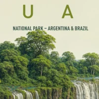 Zoom on multi-level waterfalls and tropical greenery
