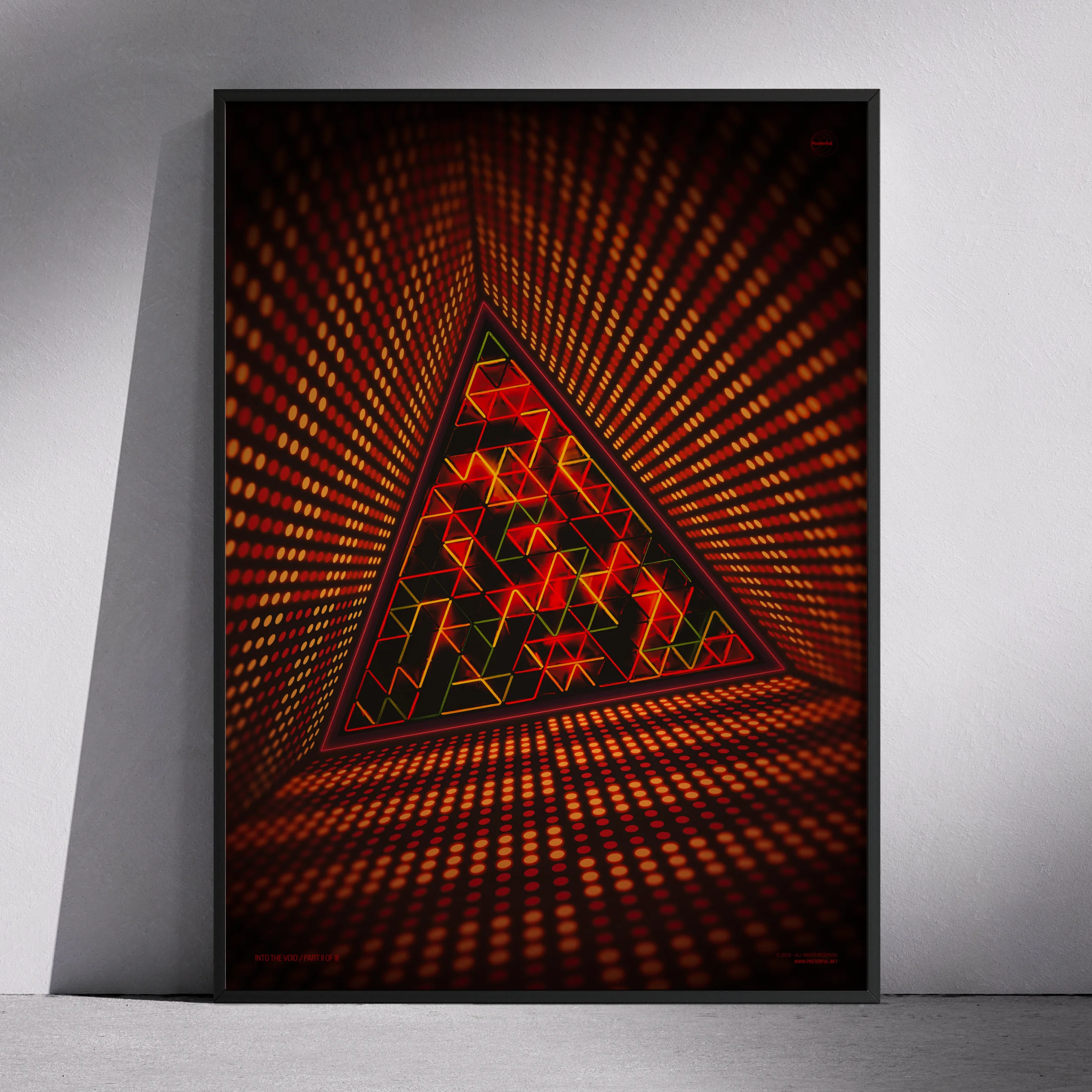 Poster with glowing triangular tunnel filled with fiery red geometric fragments