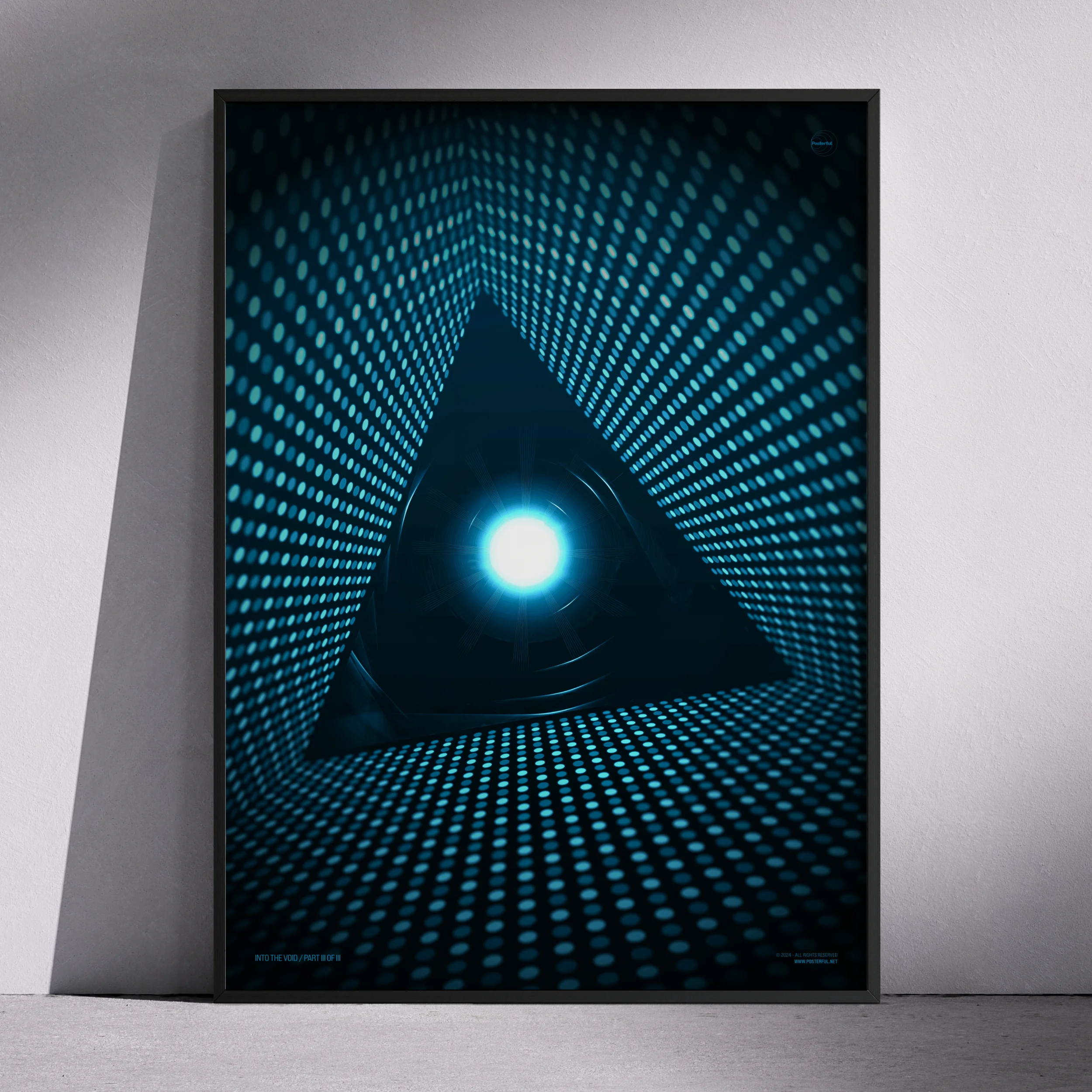 Poster with glowing triangular tunnel and radiant white-blue light at its core