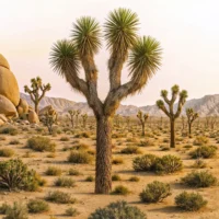 Close-up of Joshua trees standing among desert scrub