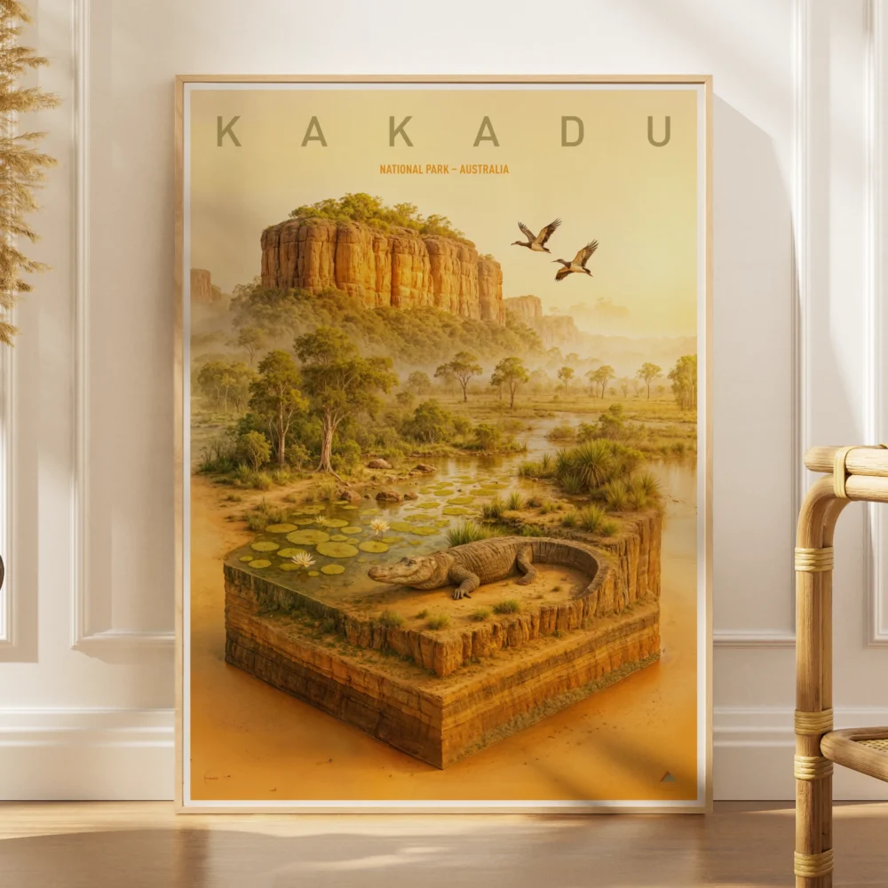 Explorer poster of Kakadu National Park in Australia as a 3D wetland landscape with sandstone cliffs