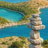 Close-up of the stone cairn monument on the island’s rocky plateau