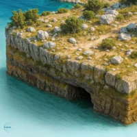 Cross-section of terrain showing limestone layers above blue water