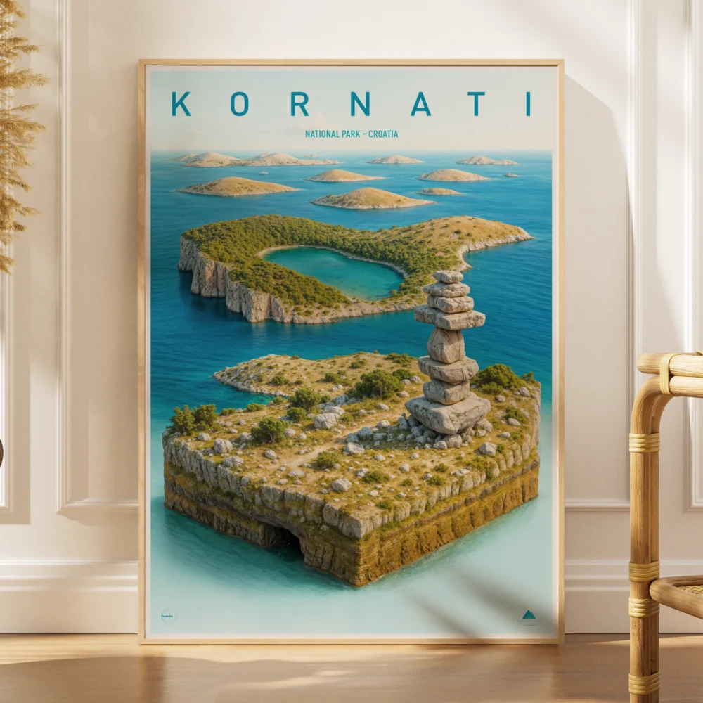 Explorer poster of Kornati National Park in Croatia as a 3D island seascape miniature