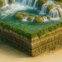 Terrain cross-section showing geological layers beneath the river