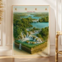 Explorer poster of Krka National Park in Croatia as a 3D waterfall landscape miniature