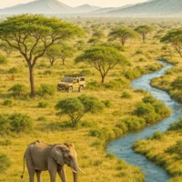 Close-up of safari vehicles among trees and animals