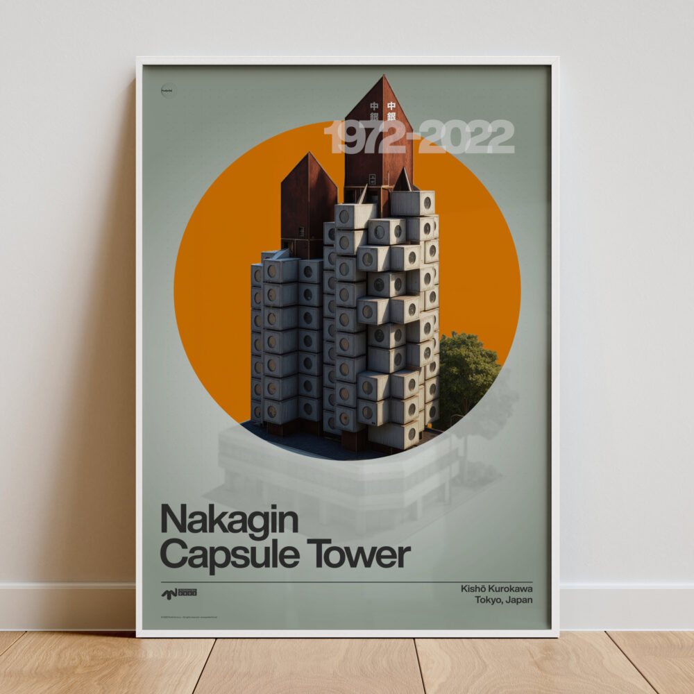 Poster of Nakagin Capsule Tower with an orange circular backdrop and bold architectural rendering.