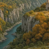 Zoom on the winding blue river flowing through the limestone gorge