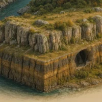 Cross-section of the terrain showing rocky layers and a cave opening