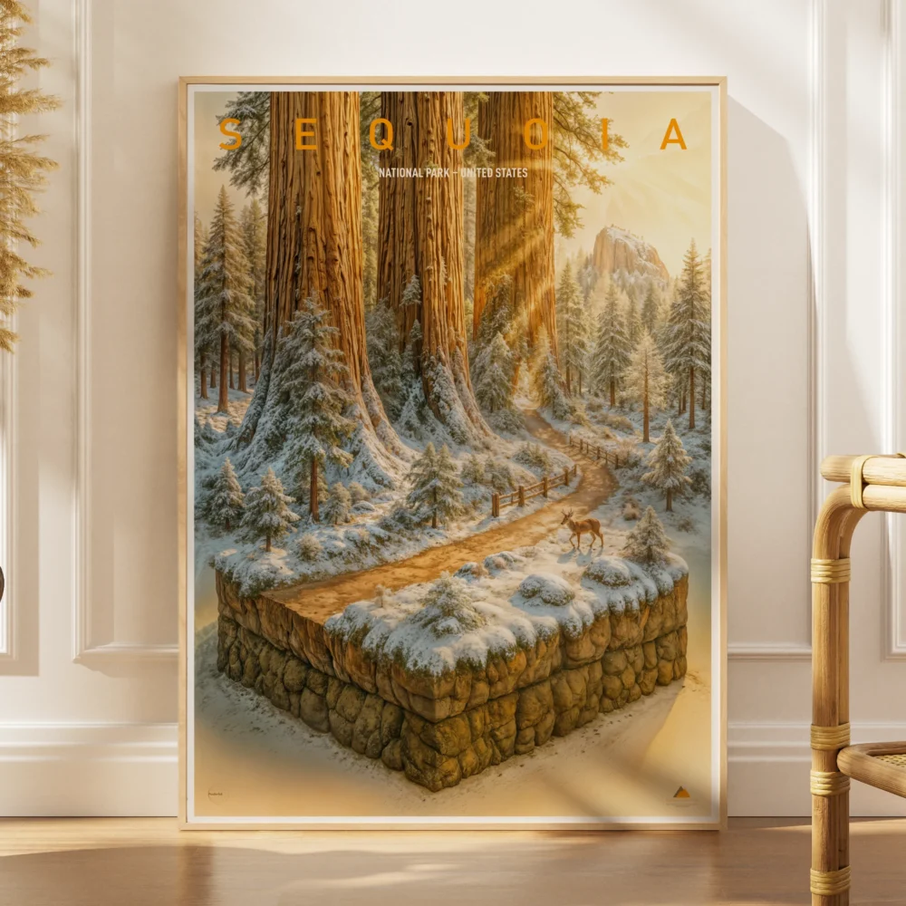 Explorer poster of Sequoia National Park in the United States as a 3D forest landscape miniature