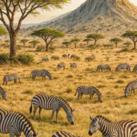Close-up of zebras grazing on the tall golden grasses