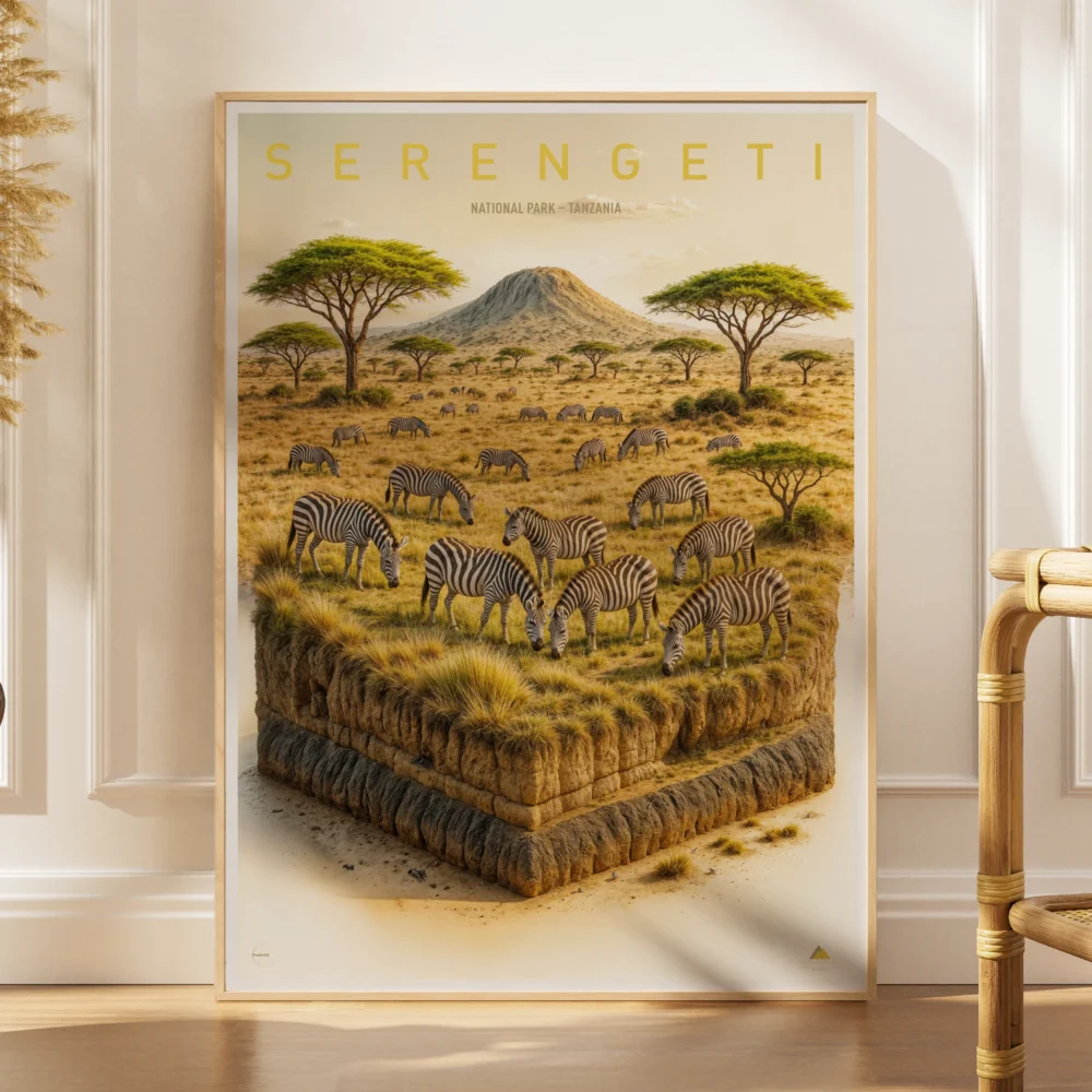 Explorer poster of Serengeti National Park in Tanzania as a 3D layered landscape with zebras