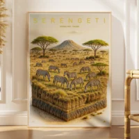 Explorer poster of Serengeti National Park in Tanzania as a 3D layered landscape with zebras