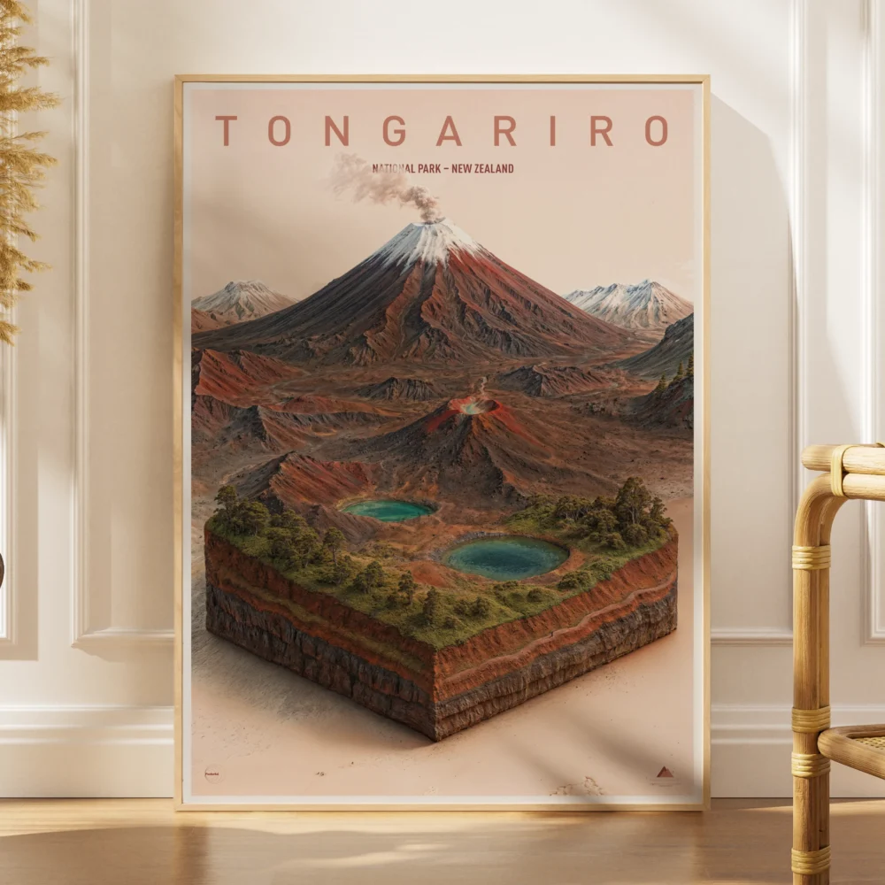 Explorer poster of Tongariro National Park as a volcanic 3D landscape with crater lakes