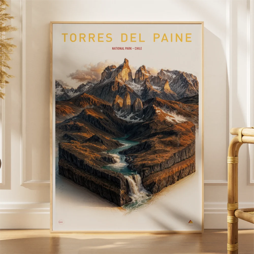 Explorer poster of Torres del Paine National Park in Chile as a 3D isometric landscape miniature