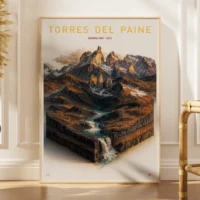 Explorer poster of Torres del Paine National Park in Chile as a 3D isometric landscape miniature