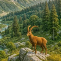 Ibex standing on a rocky outcrop in front of alpine scenery
