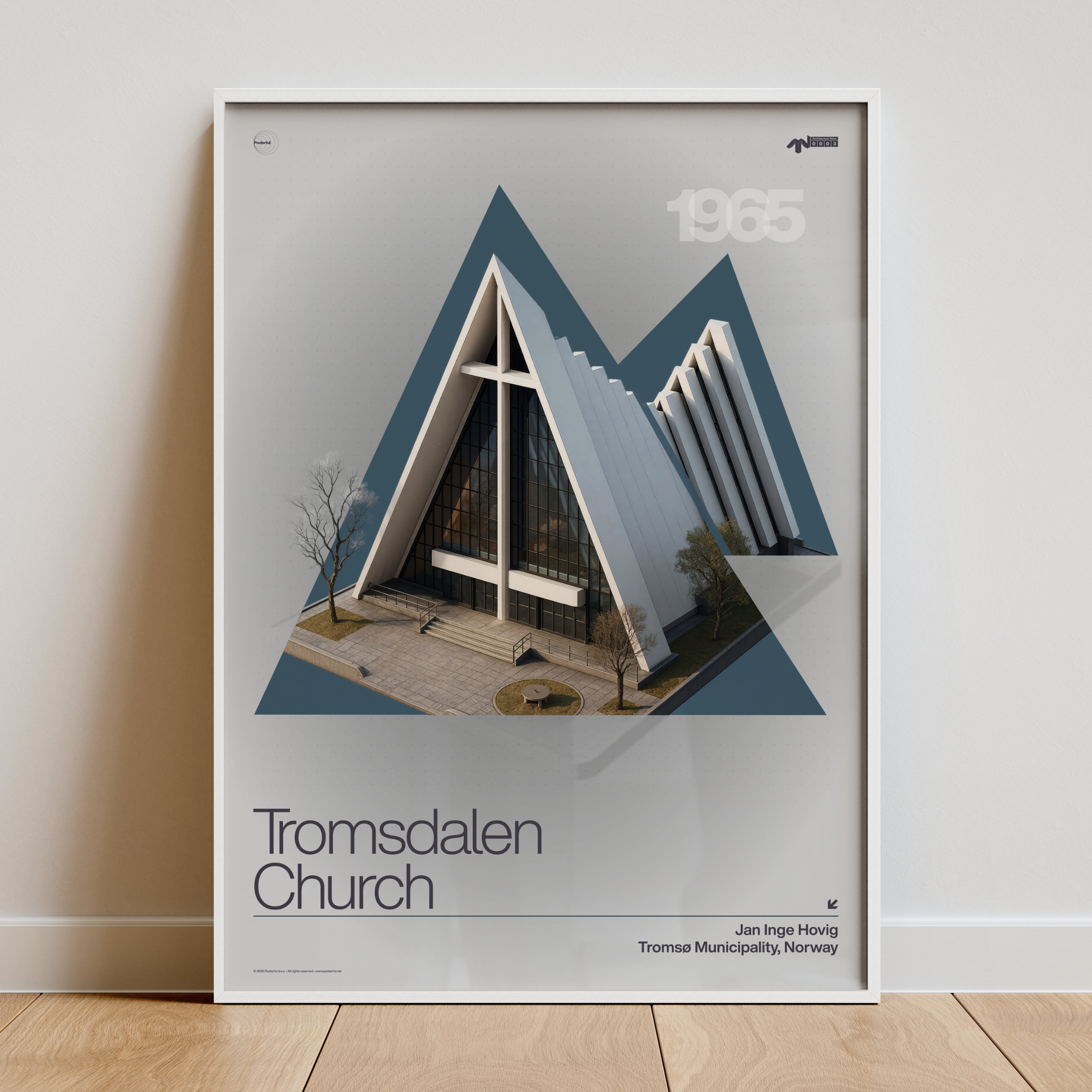 Poster of Tromsdalen Church (Arctic Cathedral) with a geometric triangular overlay.