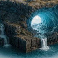 Zoom on the turquoise ice cave opening in the cliffside