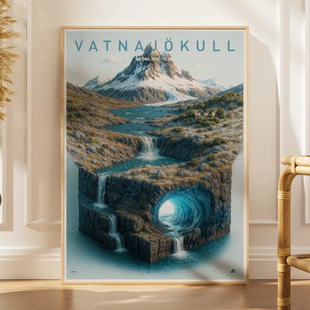 Explorer poster of Vatnajökull National Park in Iceland as a 3D glacier and ice cave landscape miniature