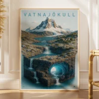 Explorer poster of Vatnajökull National Park in Iceland as a 3D glacier and ice cave landscape miniature