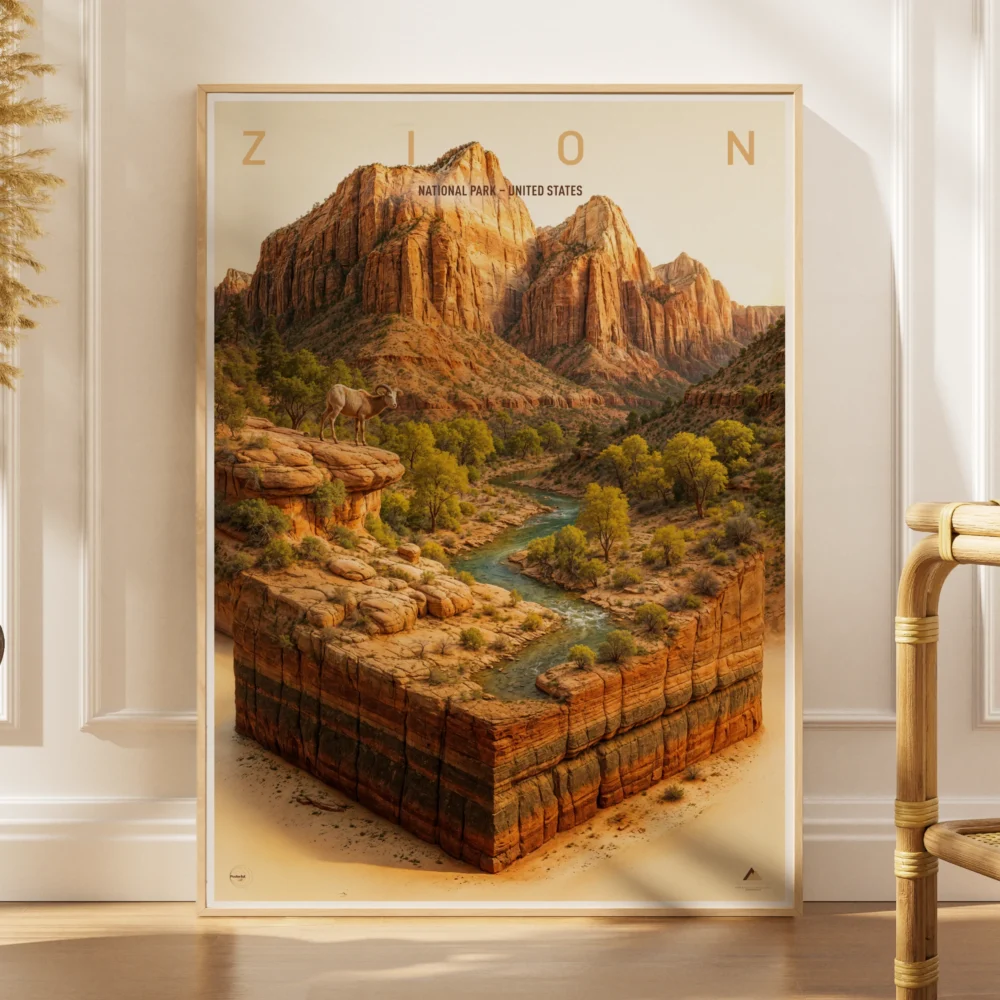 Explorer poster of Zion National Park in the United States as a 3D canyon landscape miniature