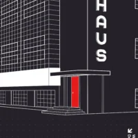 Black version highlighting the grid façade with subtle linework.