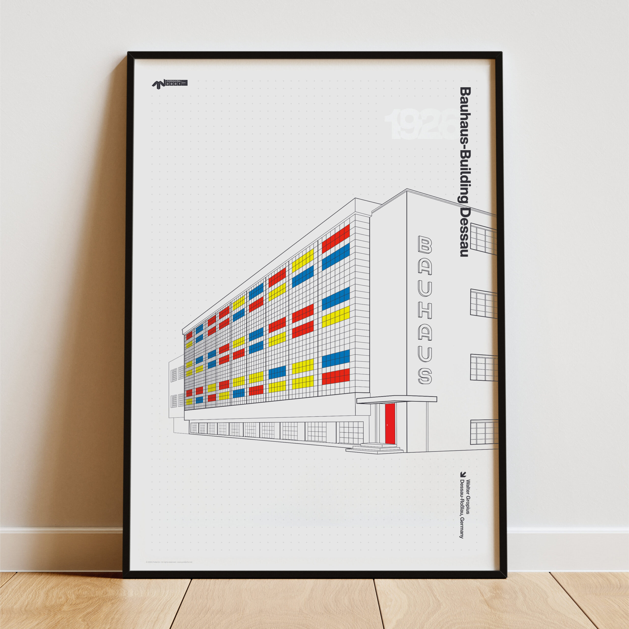 Minimalist poster of Bauhaus-Building Dessau with light background and red entrance detail.