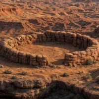 Zoom on the circular ruin-like rock formation in the canyon top