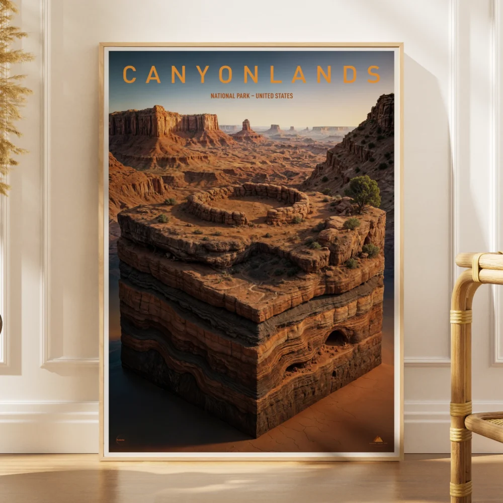 Explorer poster of Canyonlands National Park in the United States as a 3D canyon landscape miniature