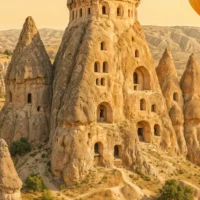 Close-up of fairy chimneys carved into rock dwellings