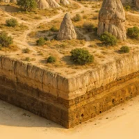 Cross-section terrain showing layered volcanic tuff beneath the valley floor