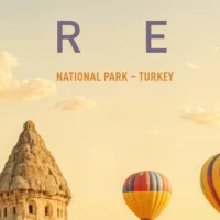 Hot air balloons floating above the unique formations