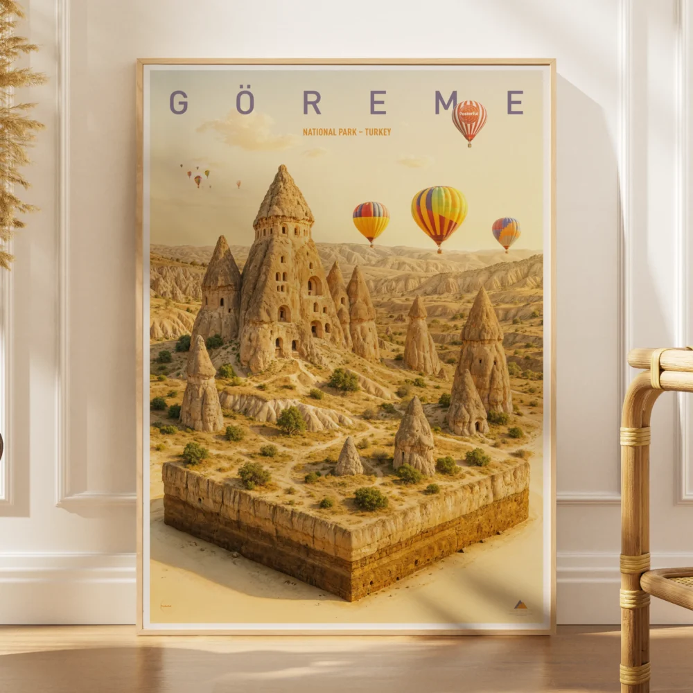 Explorer poster of Göreme National Park in Turkey as a 3D fairy chimney landscape miniature