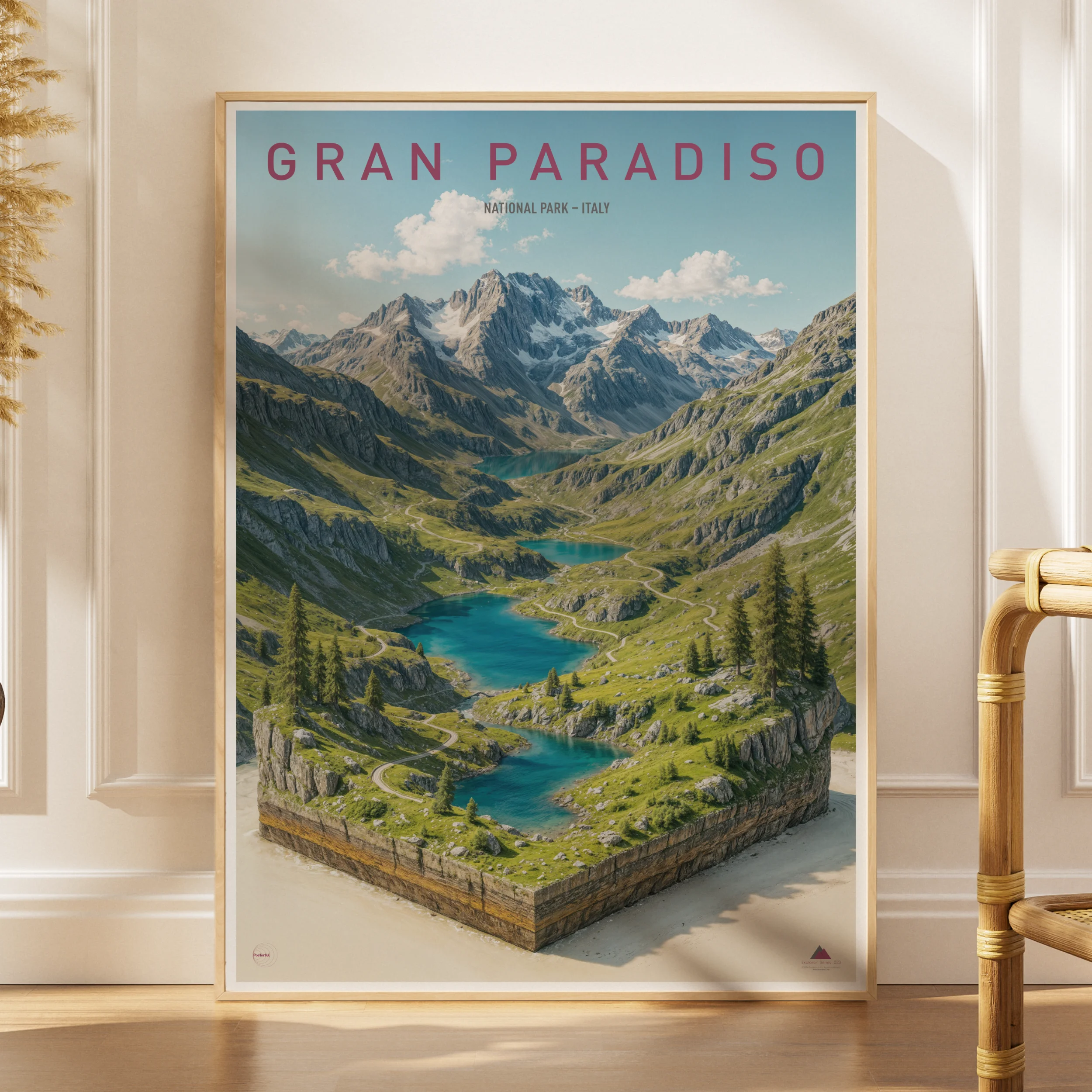 Explorer poster of Gran Paradiso National Park in Italy as a 3D alpine landscape miniature