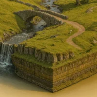 Cross-section terrain showing layers of soil and rock beneath green pastures