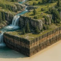 Cross-section terrain showing stratified limestone layers beneath the valley